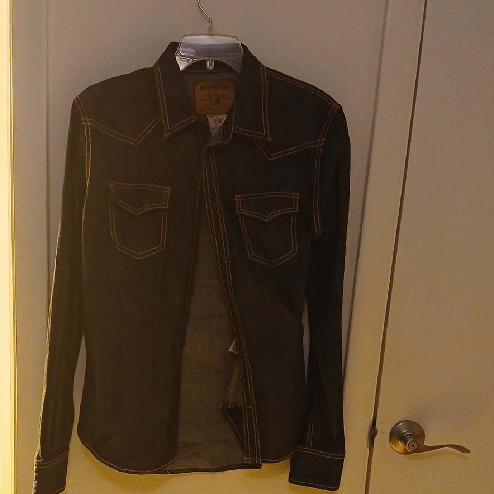 True Religion Blue Button Down Shirt with Notched Collar